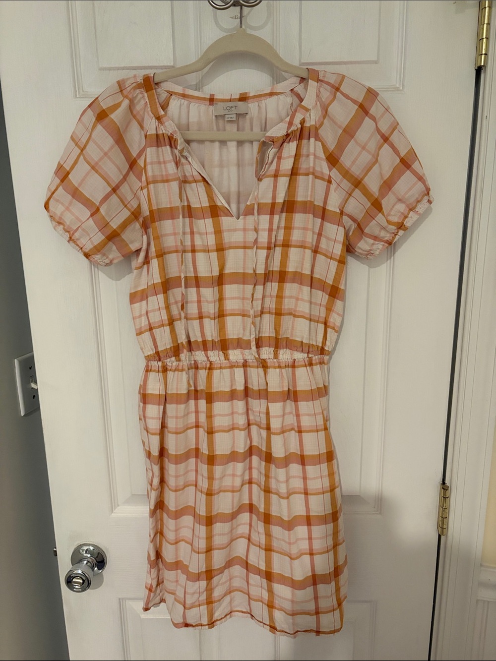 LOFT White and Pumpkin orange Plaid Short Sleeve Peasant Dress